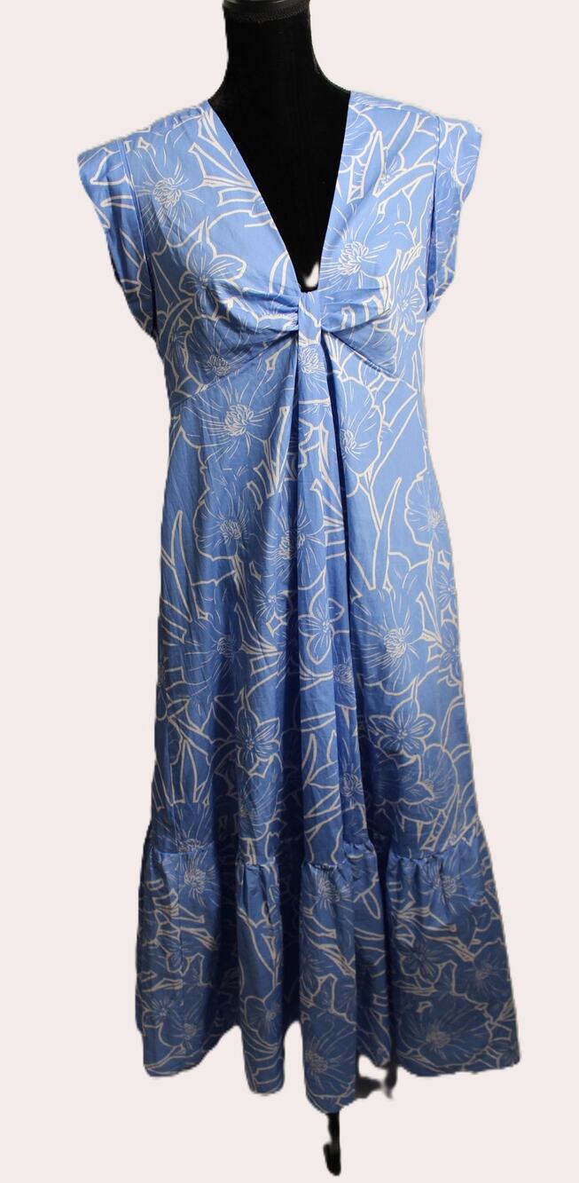 Steve Madden Women's Blue Floral V-Neck Knot Front Midi Dress Size L Cap Sleeve
